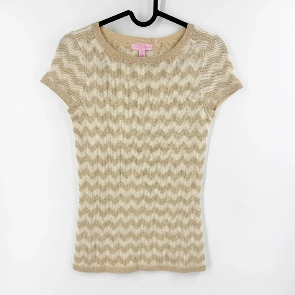 ✅ Lilly Pulitzer Sydney gold chevron zigzag short sleeve sweater top X-SMALL